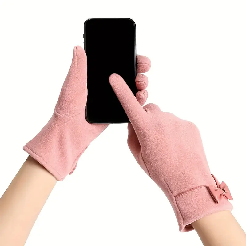 Winter Plus Velvet Warm Gloves Stylish Elegant Bow Decoration Touch Screen Gloves Short Solid Color Elastic Female Gloves_voghion.com