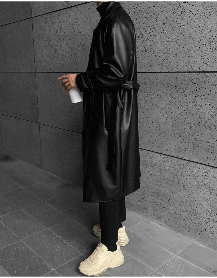 Roupas masculinas cor sólida casaco longo de couro casaco solto trench coat fashion casaco_voghion.com