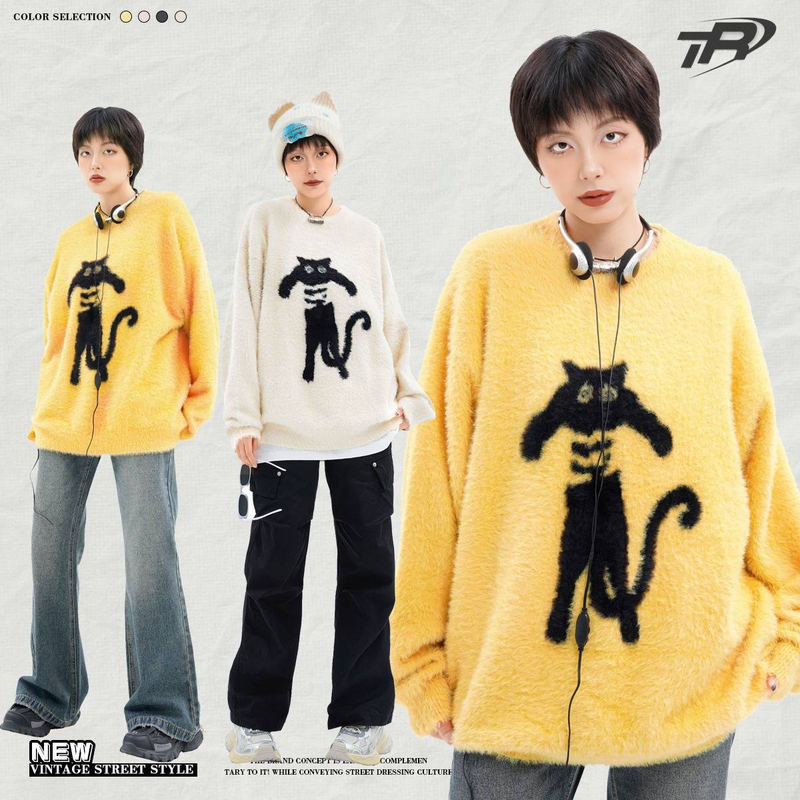 Herrenbekleidung Retro Cat Casual Pullover College Style Loose Pullover Paar Rundhalspullover_voghion.com