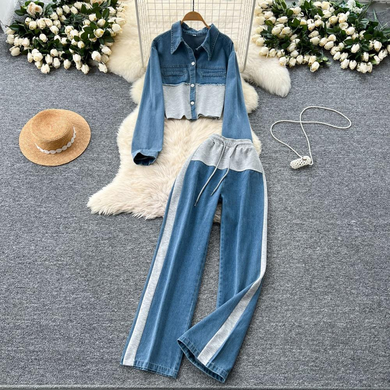 Abbigliamento da donna, abito casual, vita alta, cuciture in denim, pantaloni a gamba larga, abito due pezzi, giacca con risvolto alla moda_voghion.com