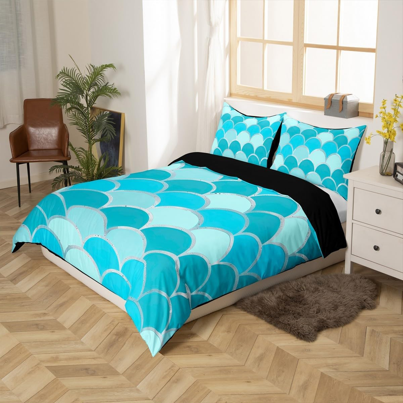 Copripiumino con squame di pesce blu, copripiumino con squame di sirena, set di biancheria da letto con tema marino, set da letto con 2 federe per letto subacqueo, arredamento per camera da letto_voghion.com