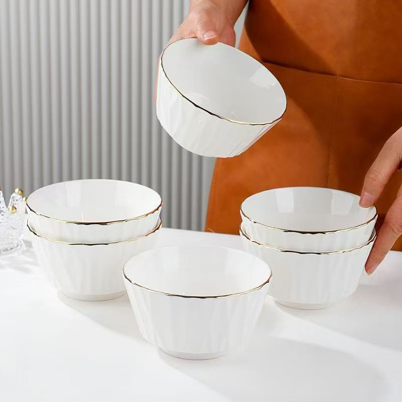 Keramische huishoudelijke hoge esthetische Scandinavische rijstkom Nieuw in soepkom Goudkleurige rand Serviesgoed Eenvoudige en luxe eetkom_voghion.com