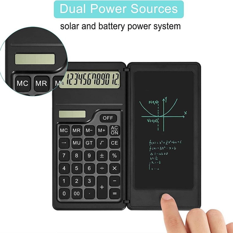 Solar-Powered LCD Writing Pad With Scientific Calculator - Foldable Dual-Function Design For Office, School & Business Gifts (White/Black)_voghion.com