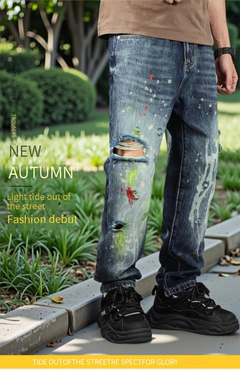 Men's High-Street Distressed Paint-Splatter Jeans – Ripped & Washed, Straight-Leg Relaxed Fit (Sizes 28-38, 80% Cotton Stretch, Vintage Blue)_voghion.com