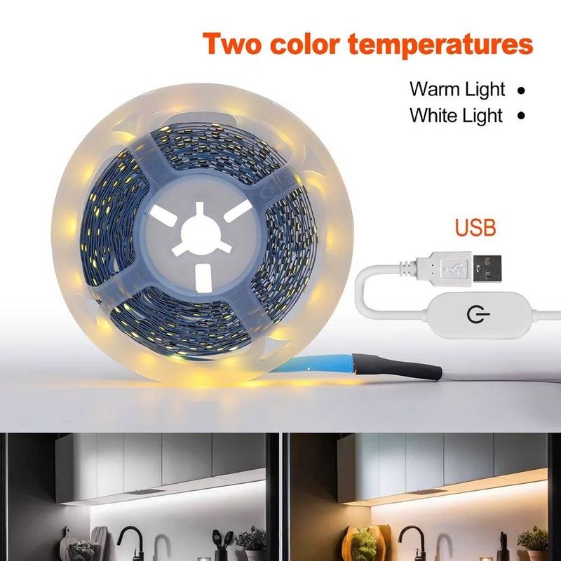 Tira de luces LED regulables por USB de 5 V, luz flexible de un solo color SMD 2835 para retroiluminación de TV, dormitorio y cocina, control táctil (1 m/2 m/3 m/4 m/5 m)_voghion.com