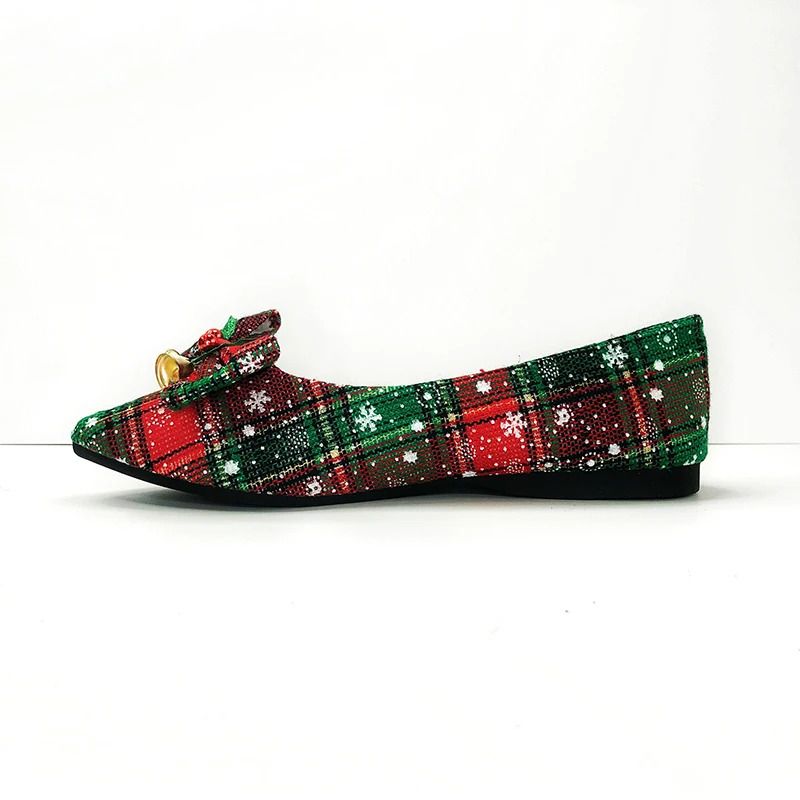 Damenschuhe für Weihnachten, spitze Zehenpartie, Mädchen-Flats mit Glöckchen, Größe 33–44, rot karierte Schuhe_voghion.com