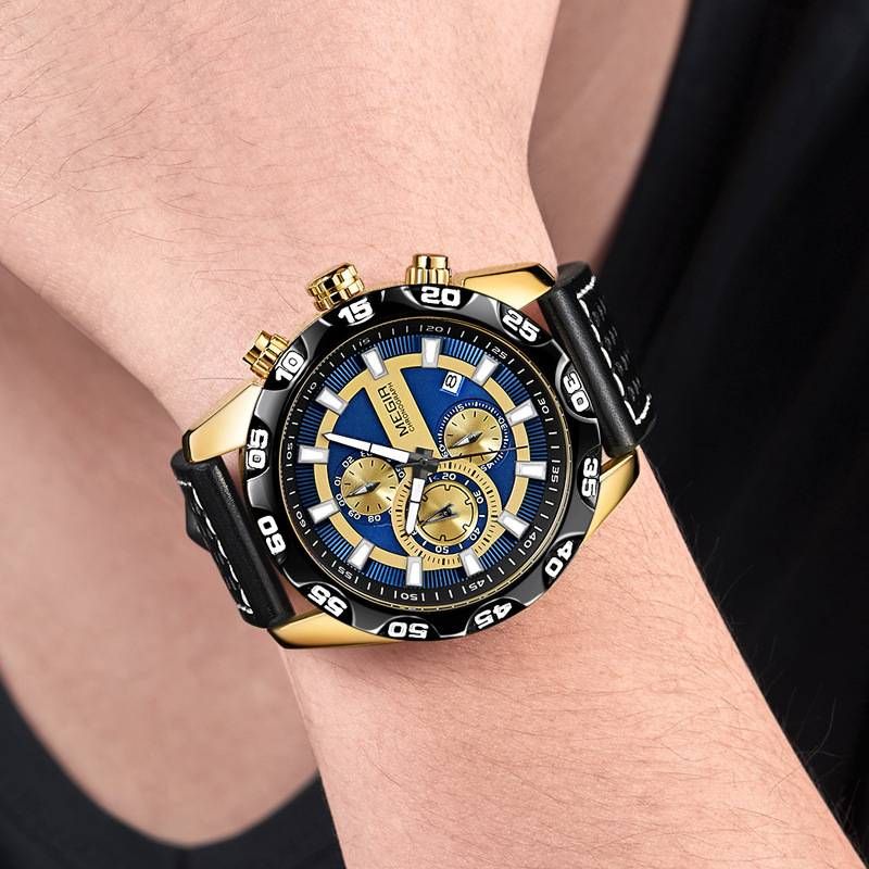 Men's Multifunction Chronograph Watch – 47mm Sporty Quartz Watch With Date, Luminous Hands & Genuine Leather Strap (Gold/Black/White Options)_voghion.com
