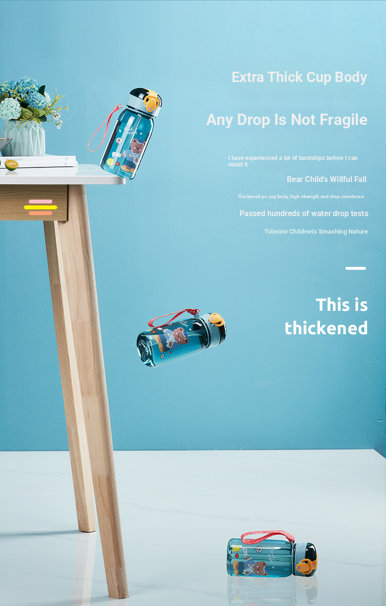 Tazza portatile in plastica con coperchio e cannuccia per bambini, con orso carino e cartone animato_voghion.com