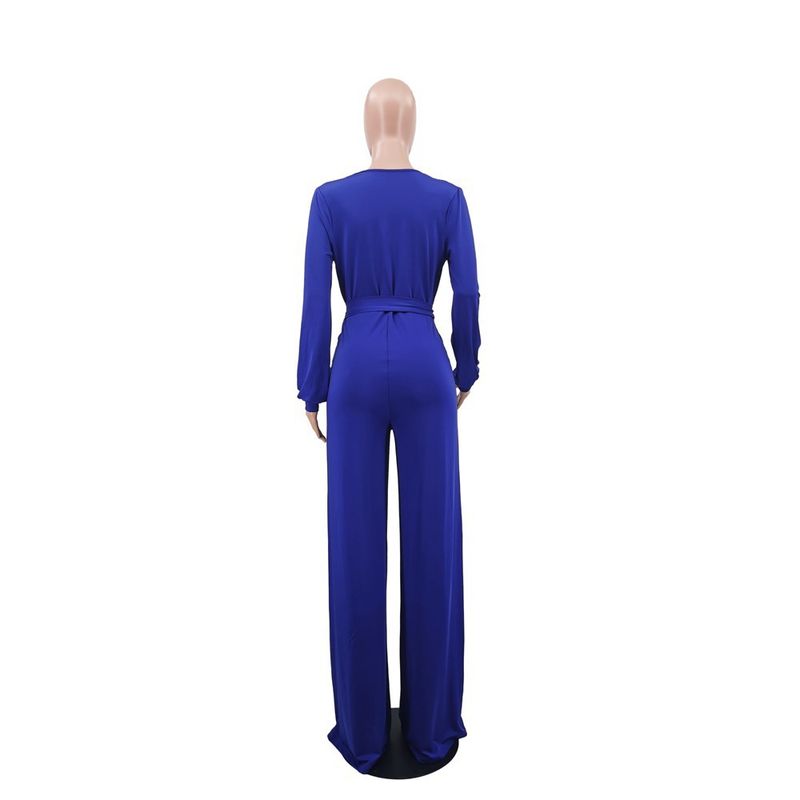 Tuta casual tinta unita con scollo a V e cintura annodata in vita, nuova da donna, autunno e inverno_voghion.com