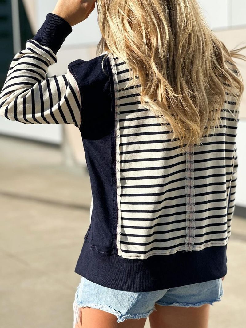 T-shirt a maniche lunghe da donna con righe a contrasto di colore - Felpa girocollo con motivo stampato_voghion.com