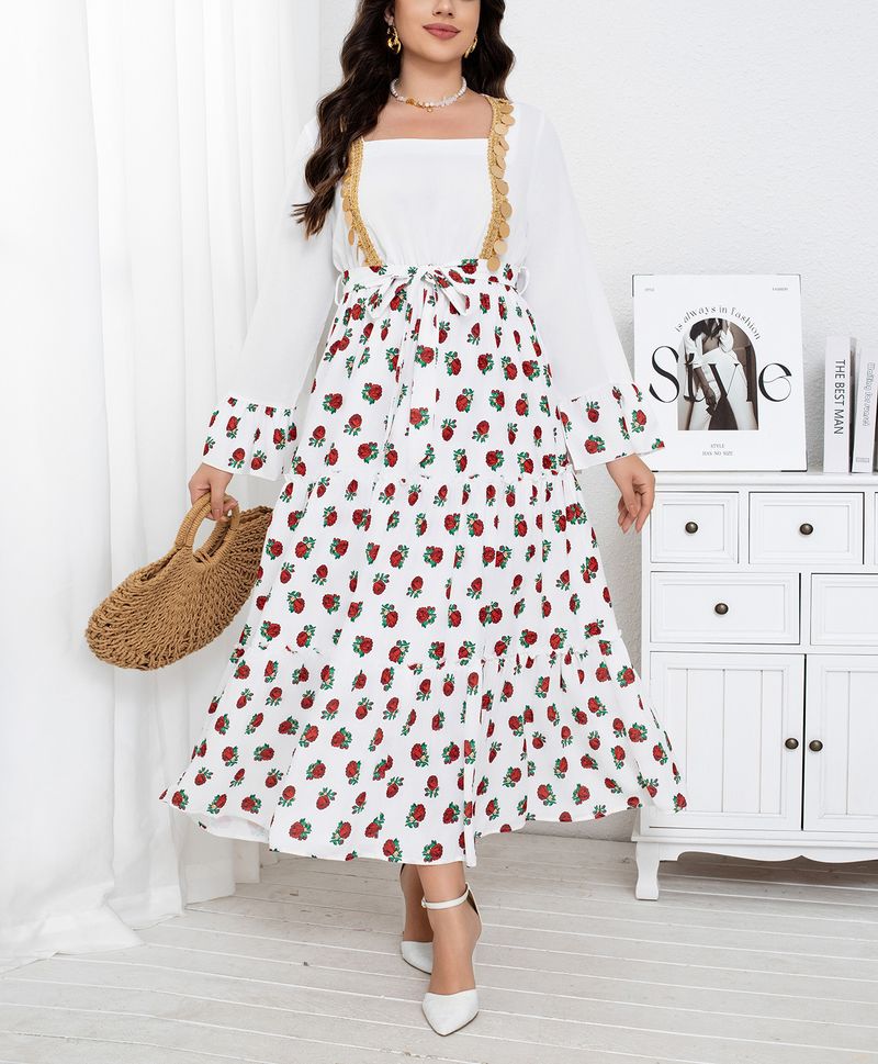 Plus Size Sparkle Strawberry Print Jumper Dress – Elegant Mock Two-Piece A-Line Long Dress With Square Neck, Long Sleeves (0XL-4XL)_voghion.com
