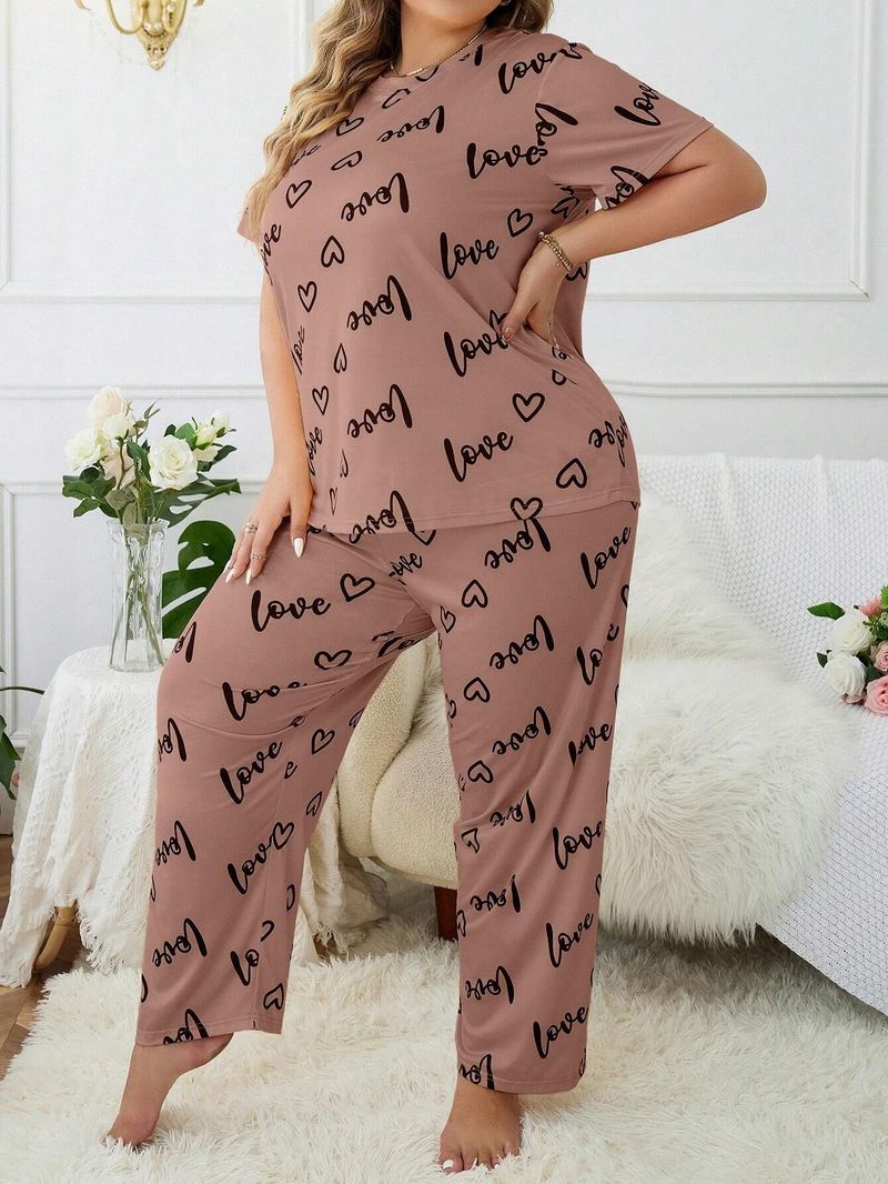Women's Sleepwears Large Size Home Clothes Plus Size Plus Size Love Round Neck Short Sleeved Trousers_voghion.com