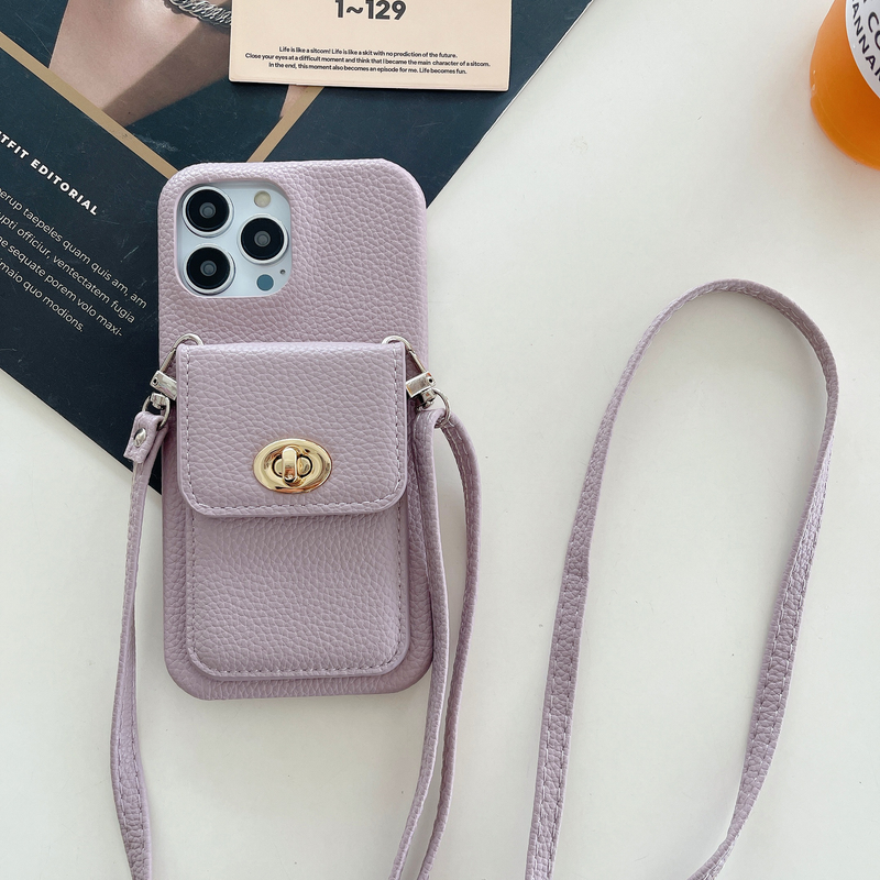 Mobile phone case lock card holder diagonally suitable for Apple 15pro max mobile phone case iPhone14 pebbled pattern protective cover_voghion.com