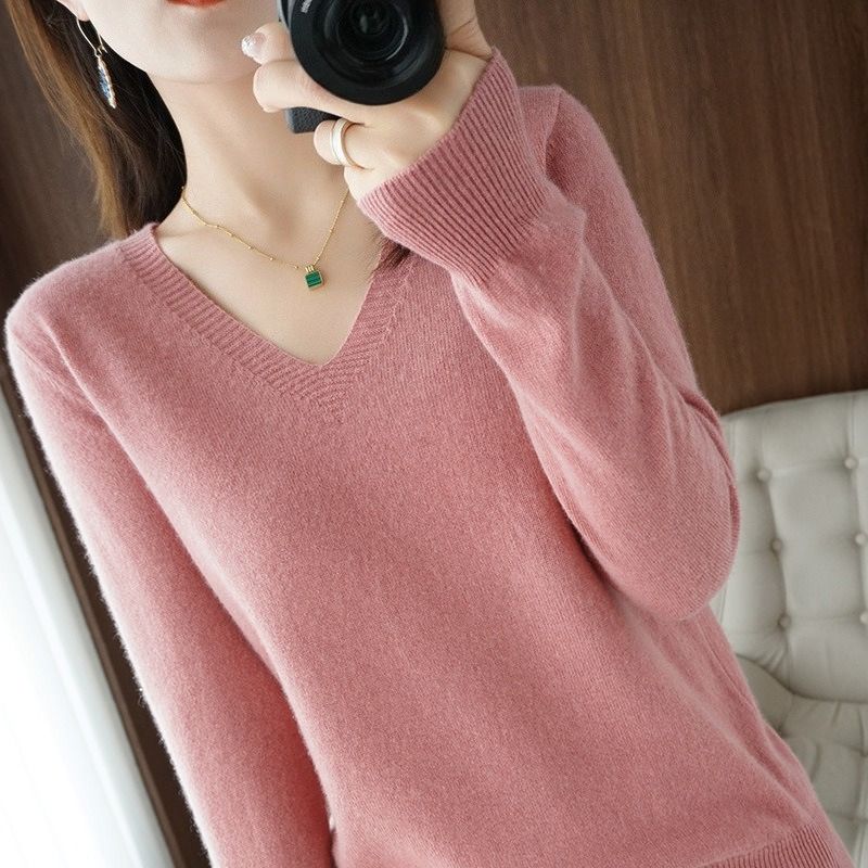 K New Women's Knitted Sweater With V-neck Long Sleeves Pullover Top Plain Color Loose Base Layer Slimming Wearable Outside. No Accessories_voghion.com