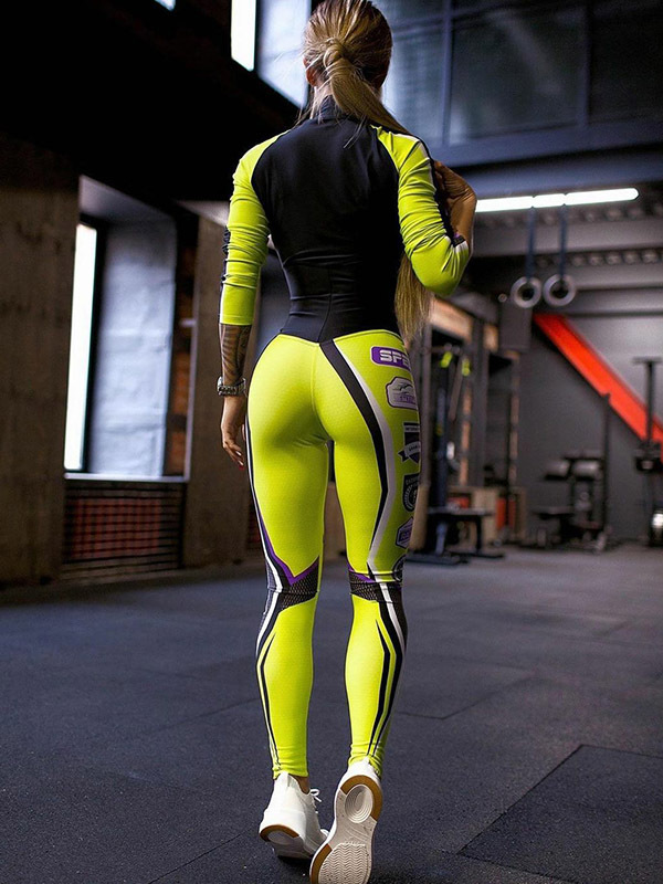 Printed turtleneck zipper collar stitching sports jumpsuit sports yoga wear fitness wear_voghion.com