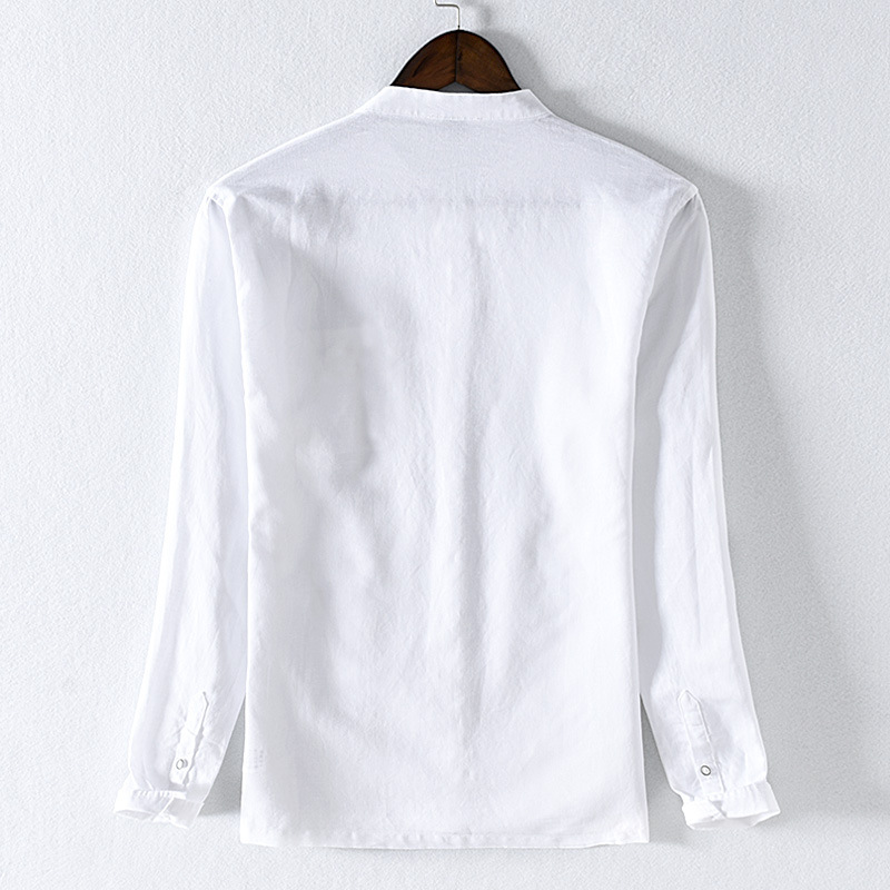 Camicia da uomo a maniche lunghe in tinta unita per il tempo libero da lavoro primaverile. Camicia da uomo in cotone e lino con colletto ribaltabile_voghion.com