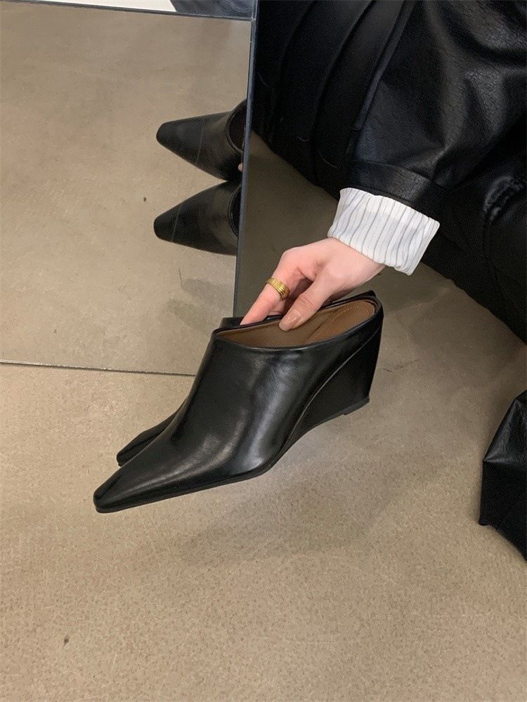 Pointed Half Slippers For Women, Small Square Toe Wedge High Sandals, Fashionable Outdoor Thick Heel Lazy Mules_voghion.com