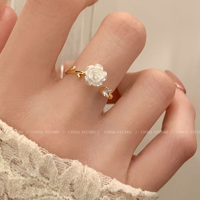 Anello regolabile per coppia "Bestie", stile francese, con camelia, dolce ragazza, cuore, personalità, sorella, rosa, fiore_voghion.com