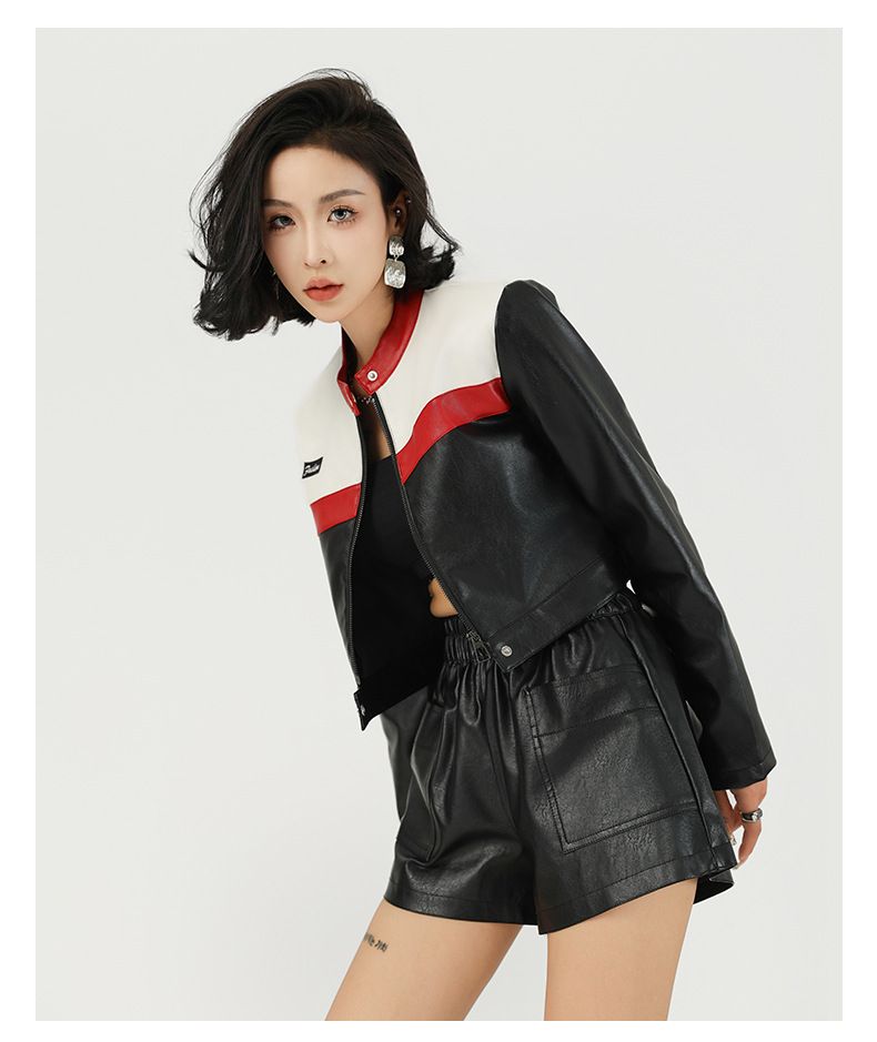 Neue Color-Block Patchwork Motorrad Pilot Kurzmantel Damen Lederjacke_voghion.com