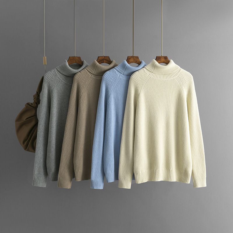 Damenbekleidung Einfarbiger Rollkragenpullover Herbst und Winter Verdickter lockerer Pullover Oberteil Strickpullover_voghion.com