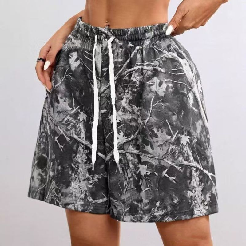 Short ample décontracté à cordon de serrage pour femme, imprimé branches d'arbres et camouflage, collection printemps-été 2025_voghion.com