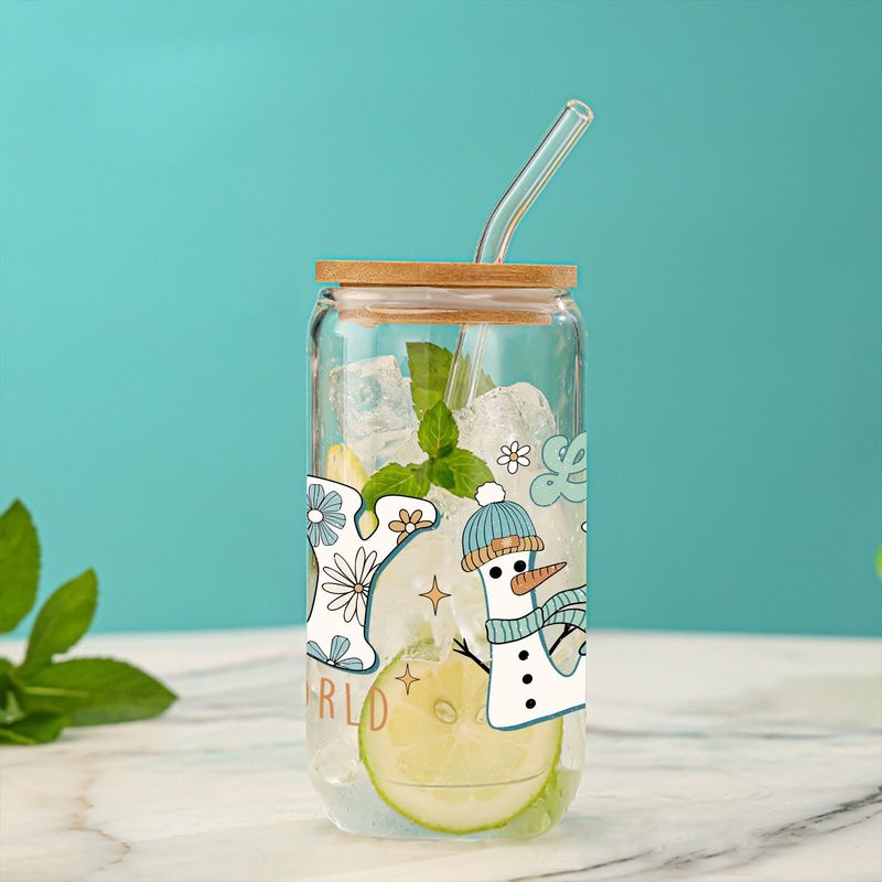 Szklany kubek świąteczny premium z bambusową pokrywką i słomką – ekologiczny, szczelny, pojemność 16 uncji – idealny na prezent, do biura i domu (zestaw 2 szt.)_voghion.com