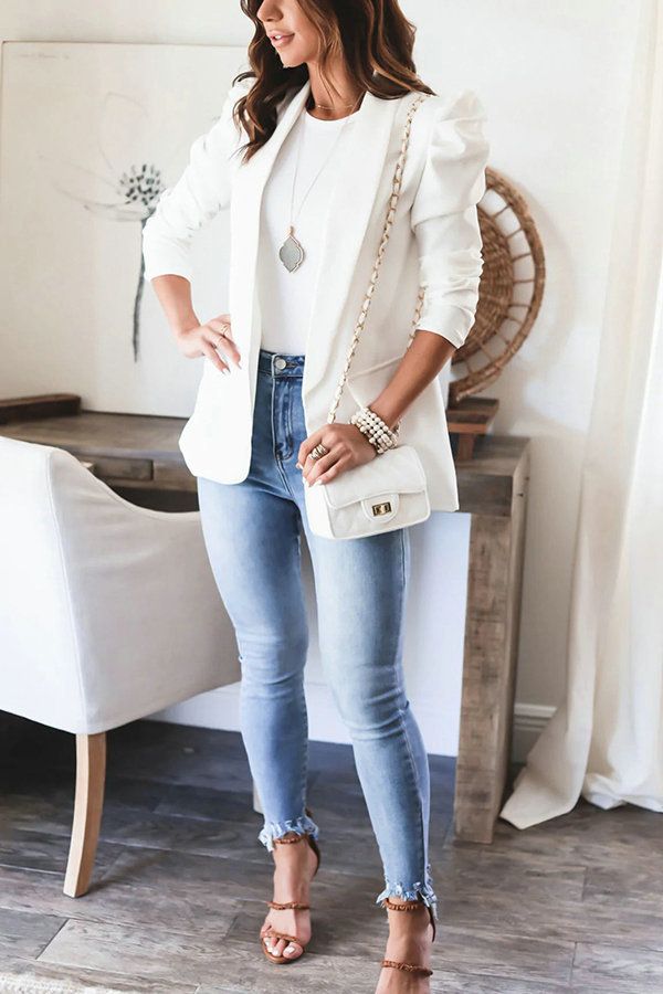 Women's long-sleeved shoulder pads + lined lapels slim small suit_voghion.com