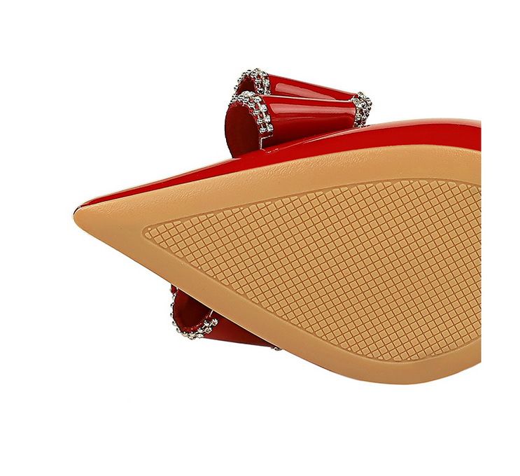 638-AH35 Modische Bankettschuhe für Damen mit hohen Absätzen, flacher Öffnung, spitzer Zehenpartie, Lackleder-Seitenluft, Diamantschleife_voghion.com