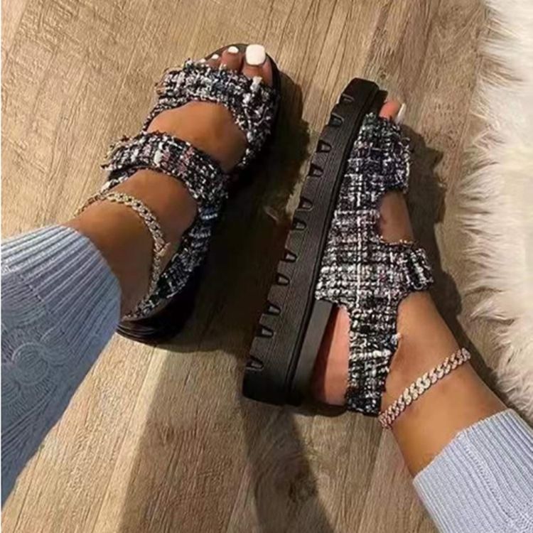 Dames platte sandalen klittenband sandalen zomer nieuw grote maat dikke zolen sandalen buitenlandse handel grensoverschrijdende ronde neus kleine Cstyle sandalen_voghion.com