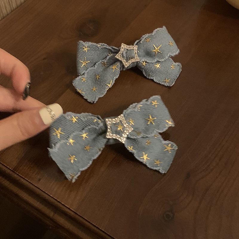 Forcina per capelli con fiocco in denim retrò, design per ragazze, clip con stella e strass, accessori per capelli alla moda Y2G, copricapo_voghion.com
