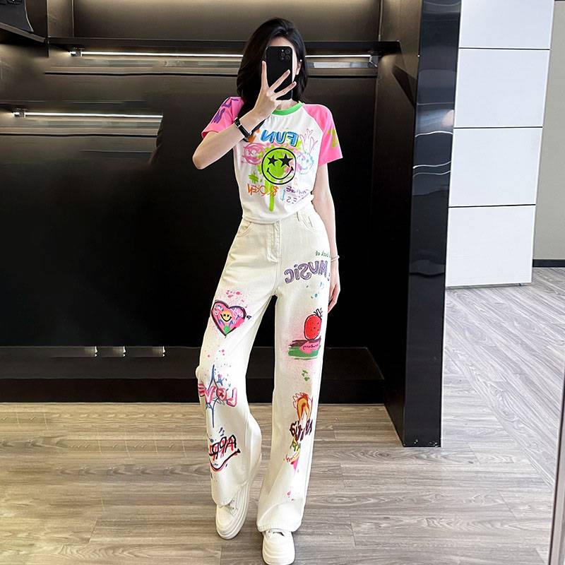 Women's Clothing Graffiti print short sweet short sleeved T shirt new summer fashion trend personality graffiti wide leg jeans _voghion.com
