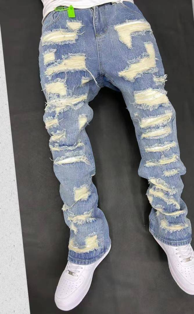 Men's Clothing Retro Heavy Industry Damage Erosion Patch Design Jeans High Street Hole Cleanfit Pants_voghion.com