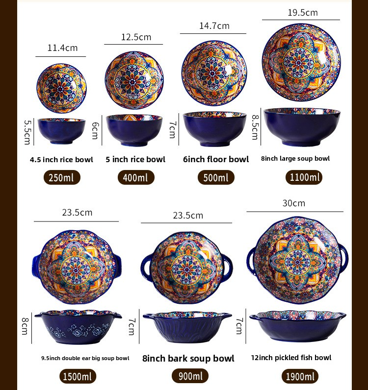 Bohemian Ceramic Dinnerware Set - Underglaze Hand-Painted Bowls & Plates With Handles Vintage Style For Home & Restaurant_voghion.com