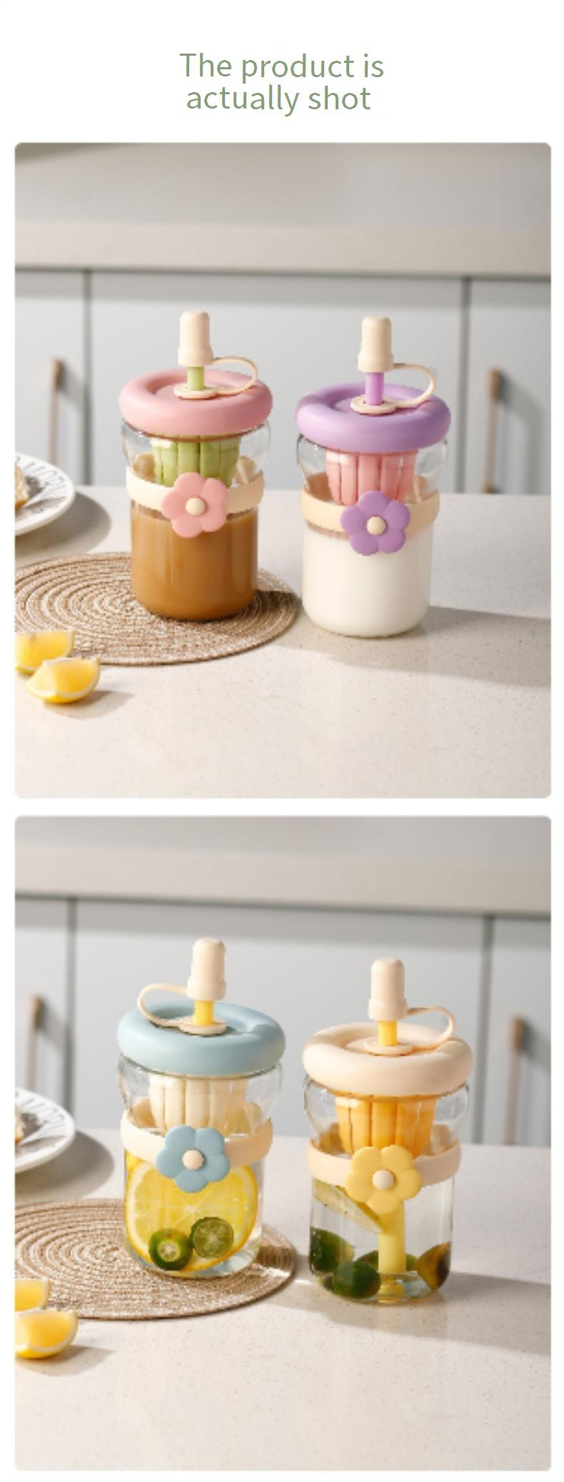 Elegant Floral Glass Tumbler With Straw Minimalist Home Drinking Cup 450ml Portable Gift Ready BPA-Free_voghion.com