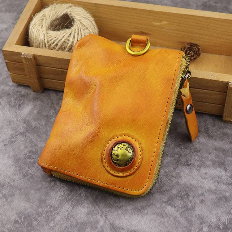 Wallet, Vintage Vegetable Tanned Leather, Distressed Wallet, Zipper Wallet, Key Holder, Card Holder_voghion.com