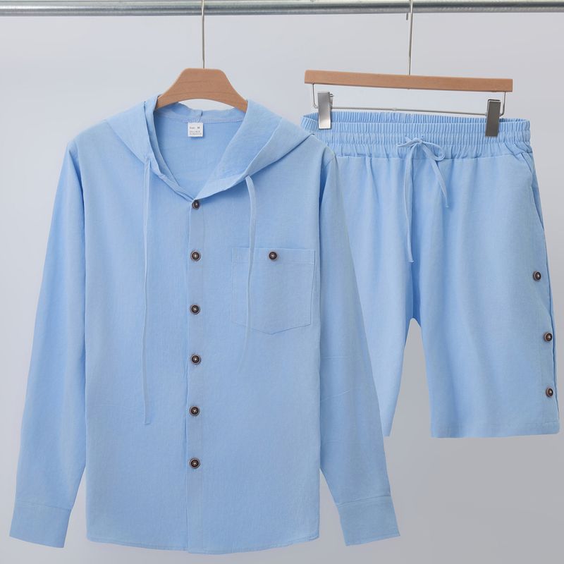 Completo da uomo con camicia con cappuccio e pantaloncini in lino - Misto cotone-lino traspirante (bianco/nero/kaki/azzurro, S-XXXL)_voghion.com