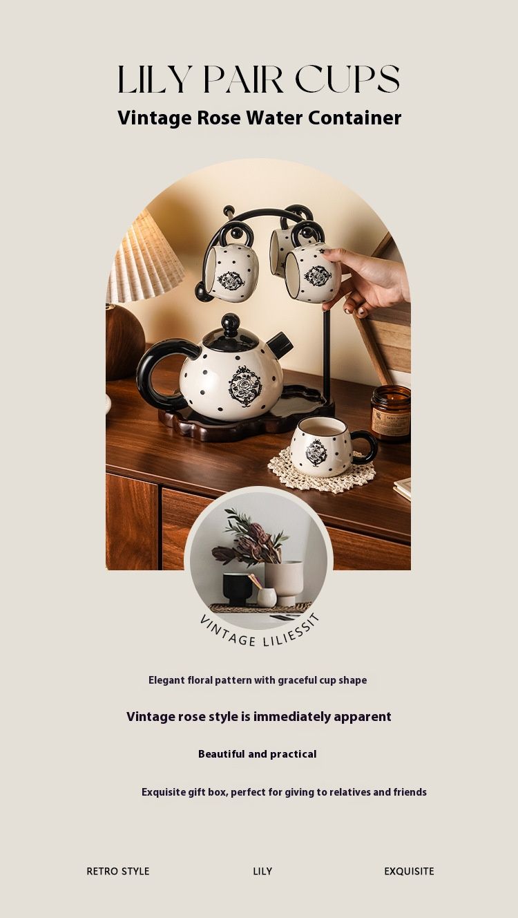Ceramic Tea Set With Black Rose & Polka Dot Design – 1 Teapot & 4 Cups With Wooden Tray, Vintage Gift For Home & Gifting_voghion.com