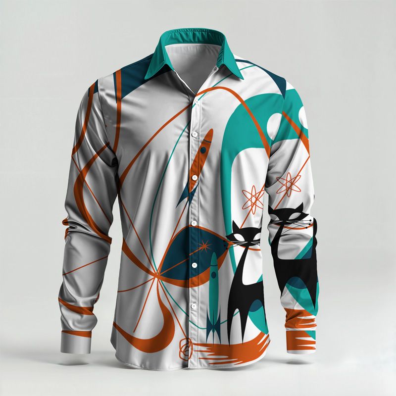 2025 Spring Summer Men Shirt Set Geometry Print Fashion Abstract Two Piece Set Mens Cat Lightweight Party Long Sleeves Suit Casu_voghion.com