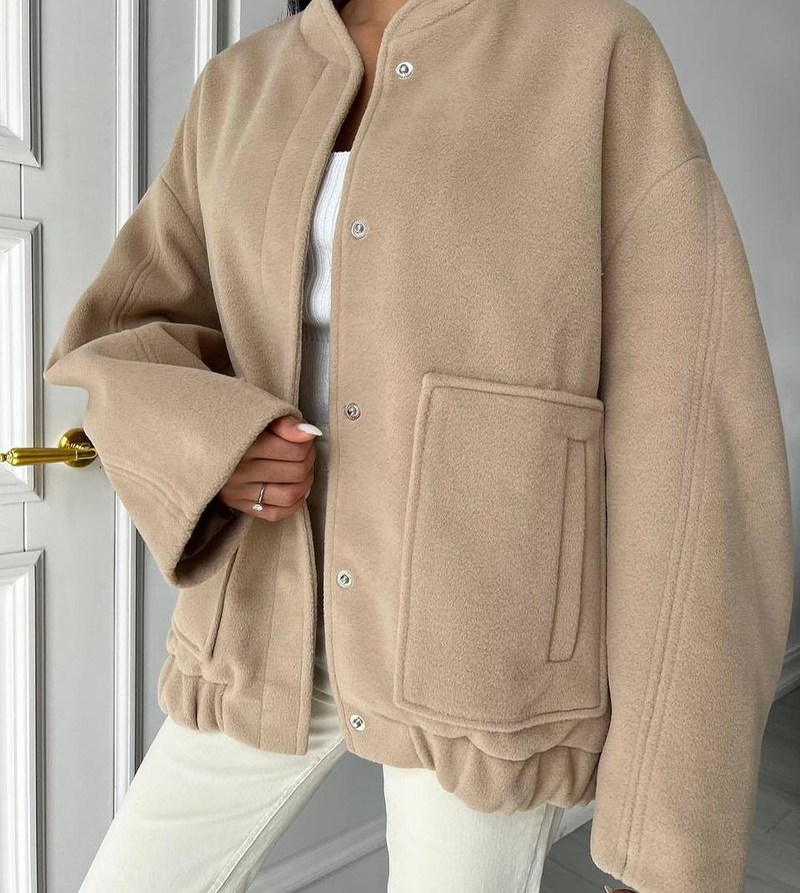 Women's style stand-up collar large pocket solid color women's jacket_voghion.com