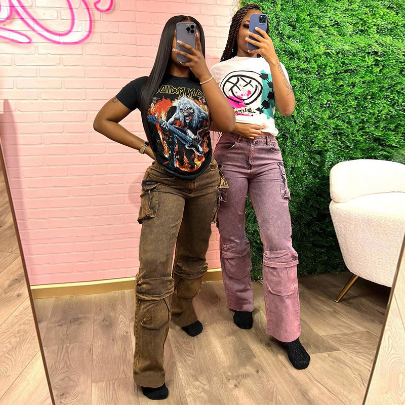 K23PT003 Pantaloni casual in denim da tasca a vita alta con bottoni casual a tinta unita estivi da donna_voghion.com