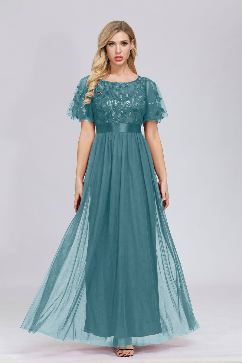 Women's 2023 quality spring and autumn cross-border elastic waist patchwork round neck party big A hem mesh evening dress for women_voghion.com