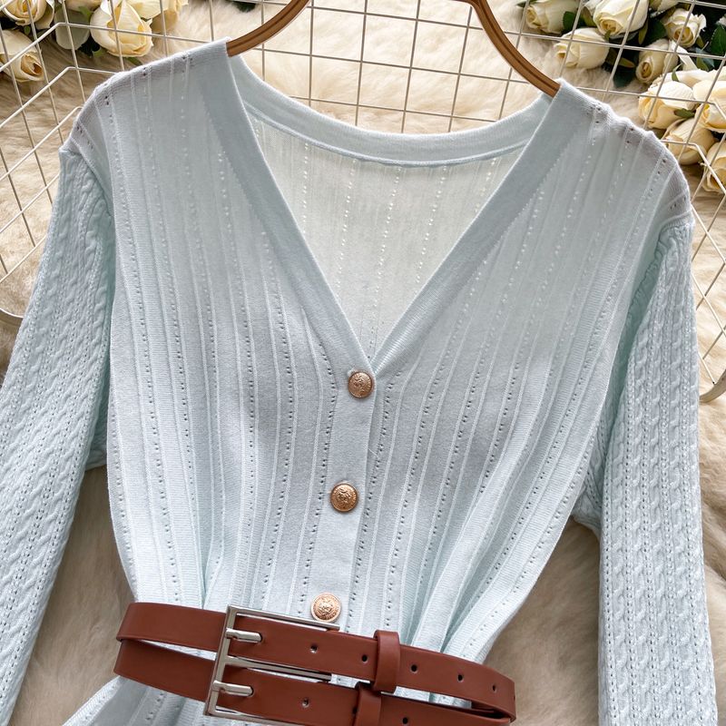 Retro-Stil Langarmpullover im britischen Stil für Damen, Herbstgürtel, schlankmachendes schlichtes Design, leicht, reife Schwester, Top-Trend_voghion.com