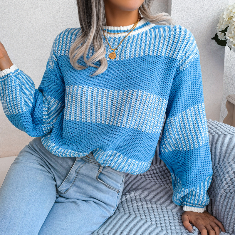 Abbigliamento da donna Net rosso stile vero colpo autunno e inverno casual contrasto di colore a righe maglione lavorato a maglia a maniche lunghe abbigliamento da donna_voghion.com
