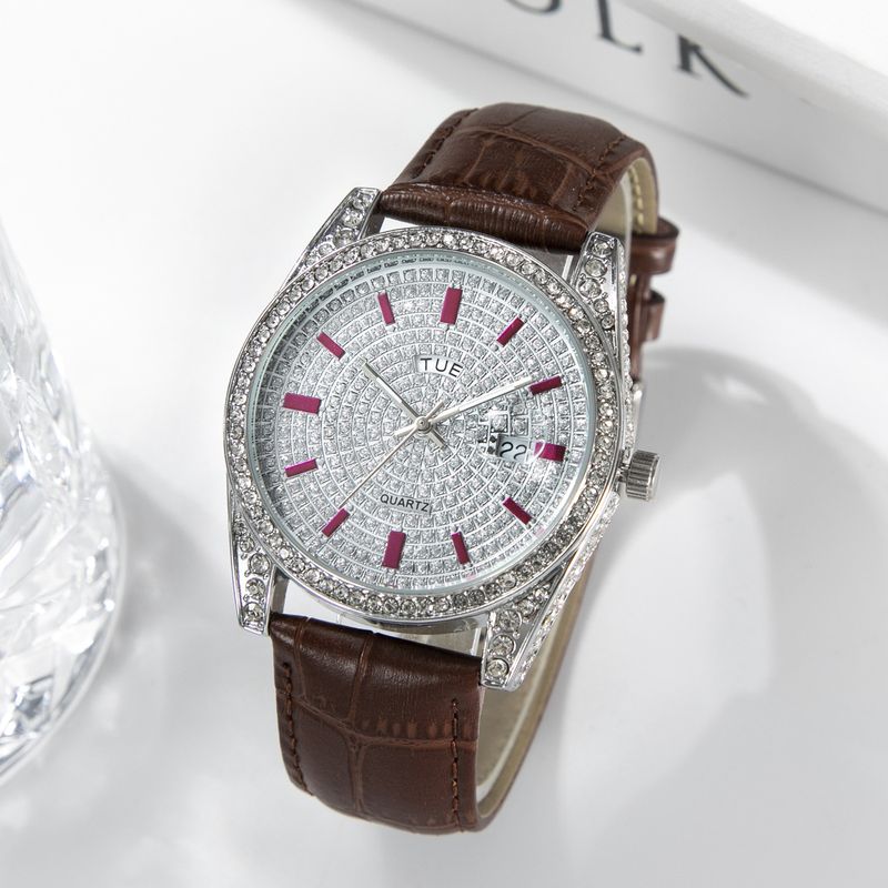 Elegant Square Crystal-Studded Watch With Dual Calendar - Stainless Steel Butterfly Clasp, Quartz Movement (Multiple Colors Available)_voghion.com