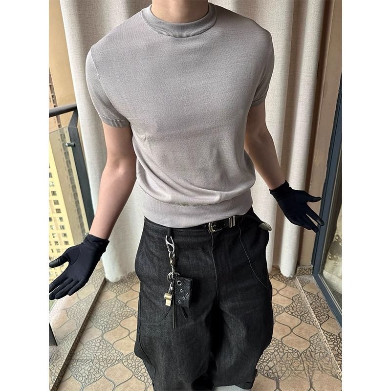 Maglietta a maniche corte da uomo, slim fit, in maglia grigia, per migliorare la muscolatura, con polsini a coste_voghion.com