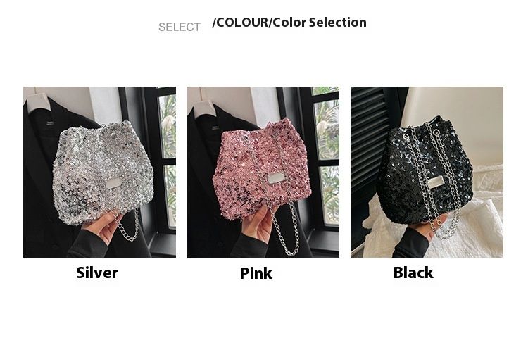 Popolare per la nuova borsa a secchiello con catena glitter estiva da donna 2023, borsa a tracolla a spalla singola con trama di nicchia_voghion.com