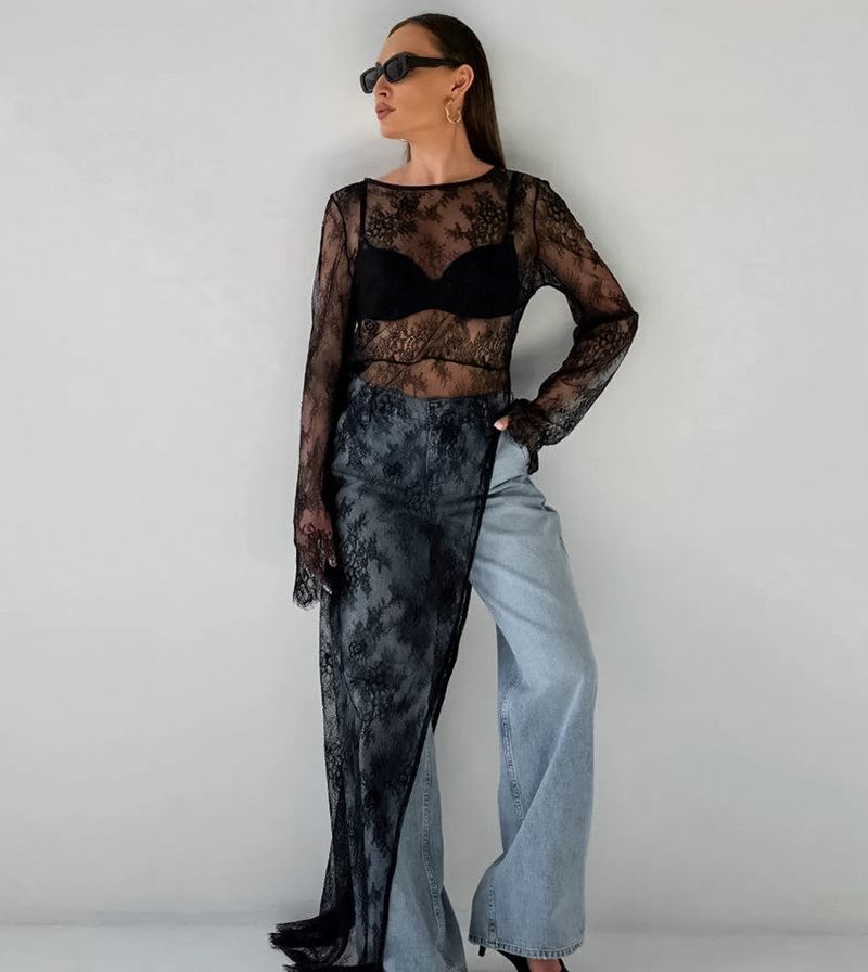Damenbekleidung Sexy schwarzes durchsichtiges Kleid mit Spitze, Rundhalsausschnitt, langen Ärmeln und Schlitz, asymmetrisches Kleid, langes Kleid für den Sommer_voghion.com