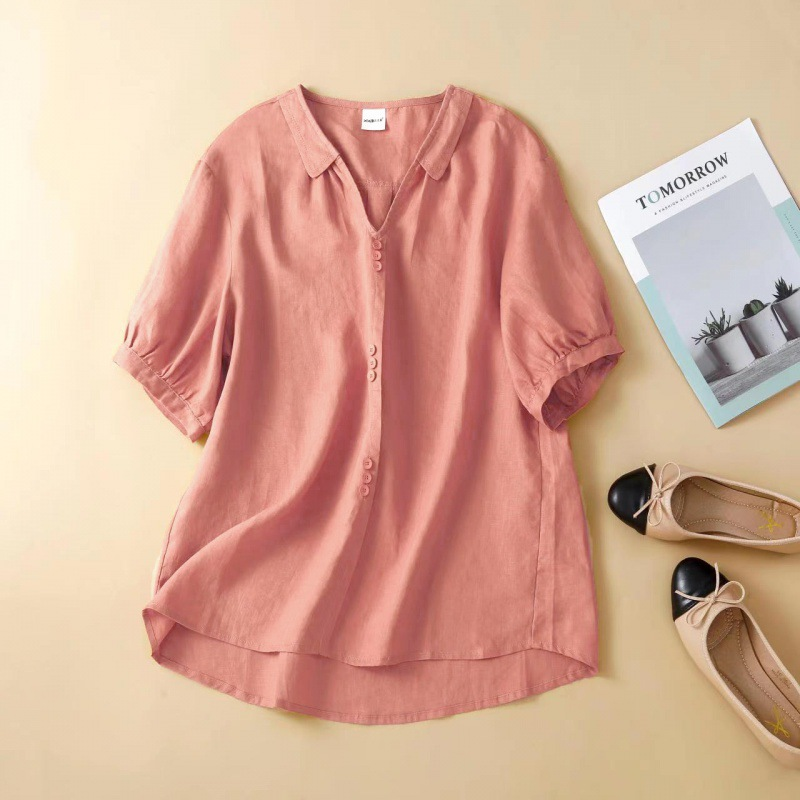 nuove magliette estive casual artistiche in cotone e lino, camicie a maniche corte con scollo a V da donna_voghion.com
