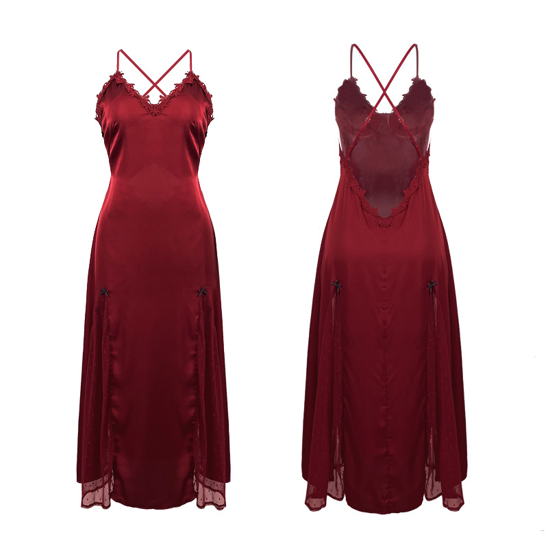 Women's Sleepwears Thin lace sexy nightdress women's ice silk long backless home wear_voghion.com