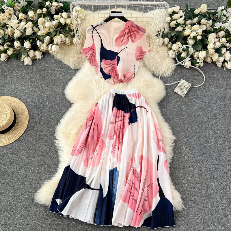 Completo da donna per donna, camicia a maniche corte stampata plissettata di alta qualità + gonna plissettata a vita alta e sottile_voghion.com